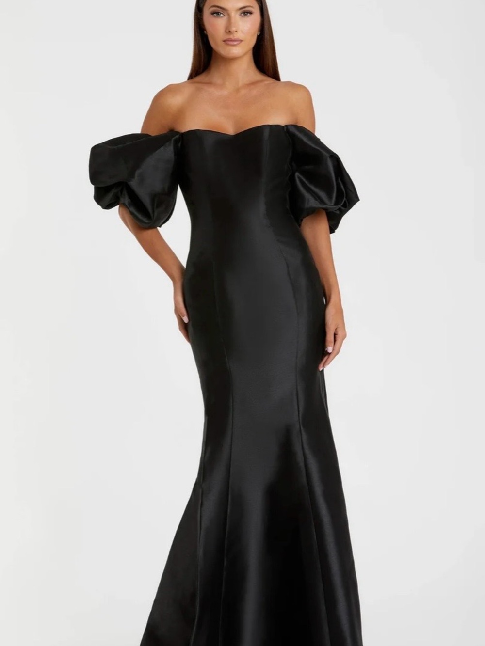 Mac Duggal Black Satin Puff-Sleeve Evening Gown